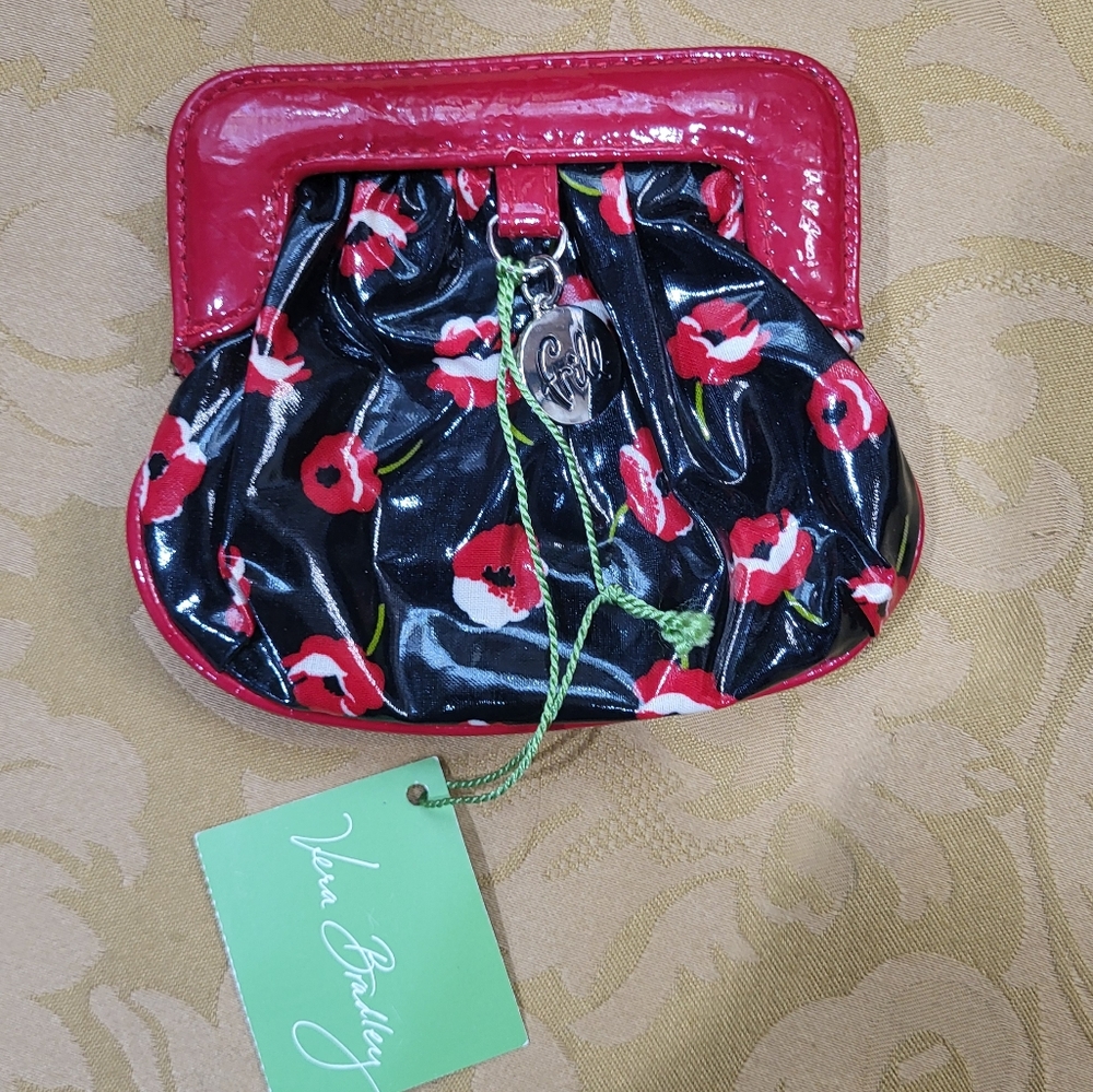 Vera Bradley Frill Charmed Pouch Coin Purse Black With Red Poppies
